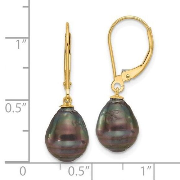 14K 8-9mm Teardrop Black Saltwater Tahitian Pearl Leverback Earrings - Picture 4 of 4